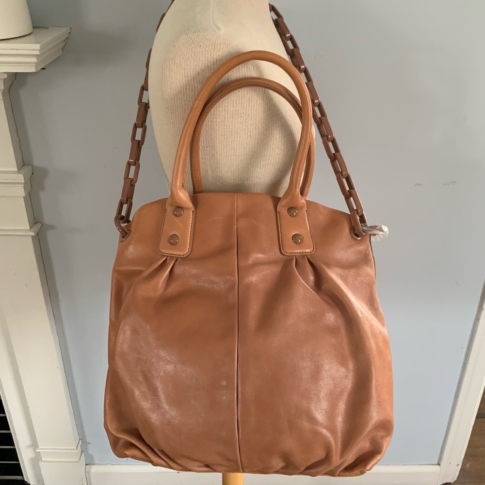 J.Crew leather Editor tote in tan nude blush w/ resin chain link strap NEW NWT